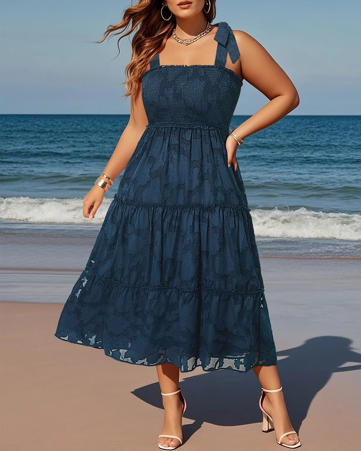 Plus Size Summer Dress 2025 - Sun Boho Spaghetti Strap Lace Floral Casual Beach Smocked Maxi Dress