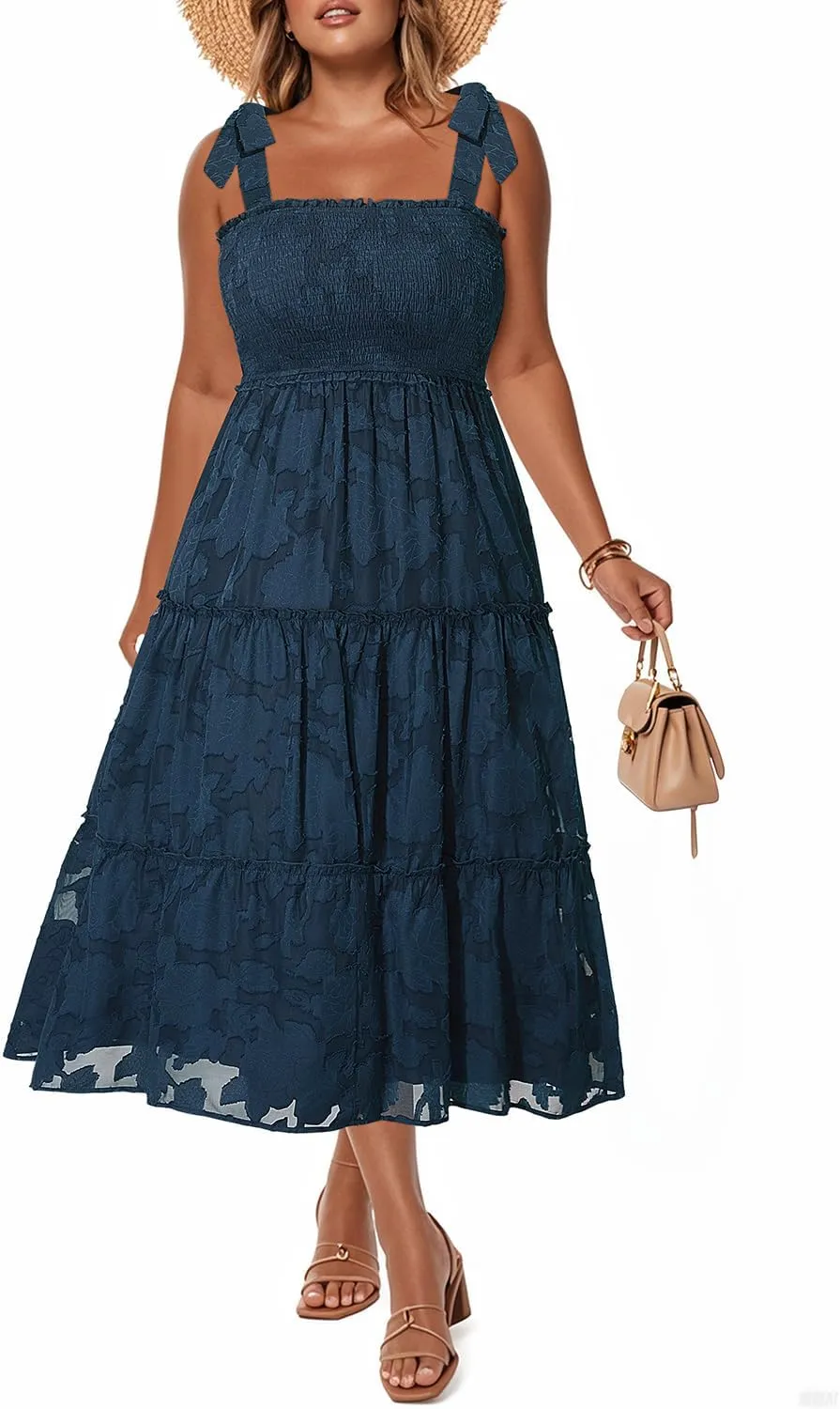 Plus Size Summer Dress 2025 - Sun Boho Spaghetti Strap Lace Floral Casual Beach Smocked Maxi Dress