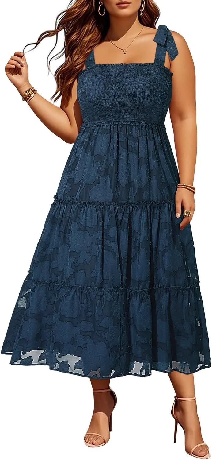 Plus Size Summer Dress 2025 - Sun Boho Spaghetti Strap Lace Floral Casual Beach Smocked Maxi Dress
