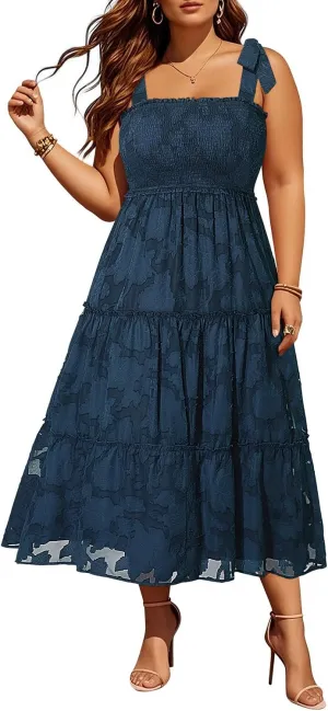 Plus Size Summer Dress 2025 - Sun Boho Spaghetti Strap Lace Floral Casual Beach Smocked Maxi Dress