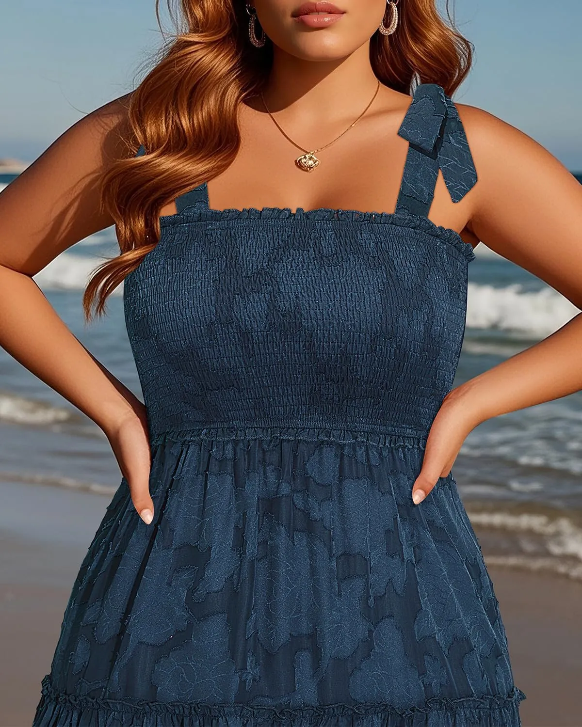 Plus Size Summer Dress 2025 - Sun Boho Spaghetti Strap Lace Floral Casual Beach Smocked Maxi Dress