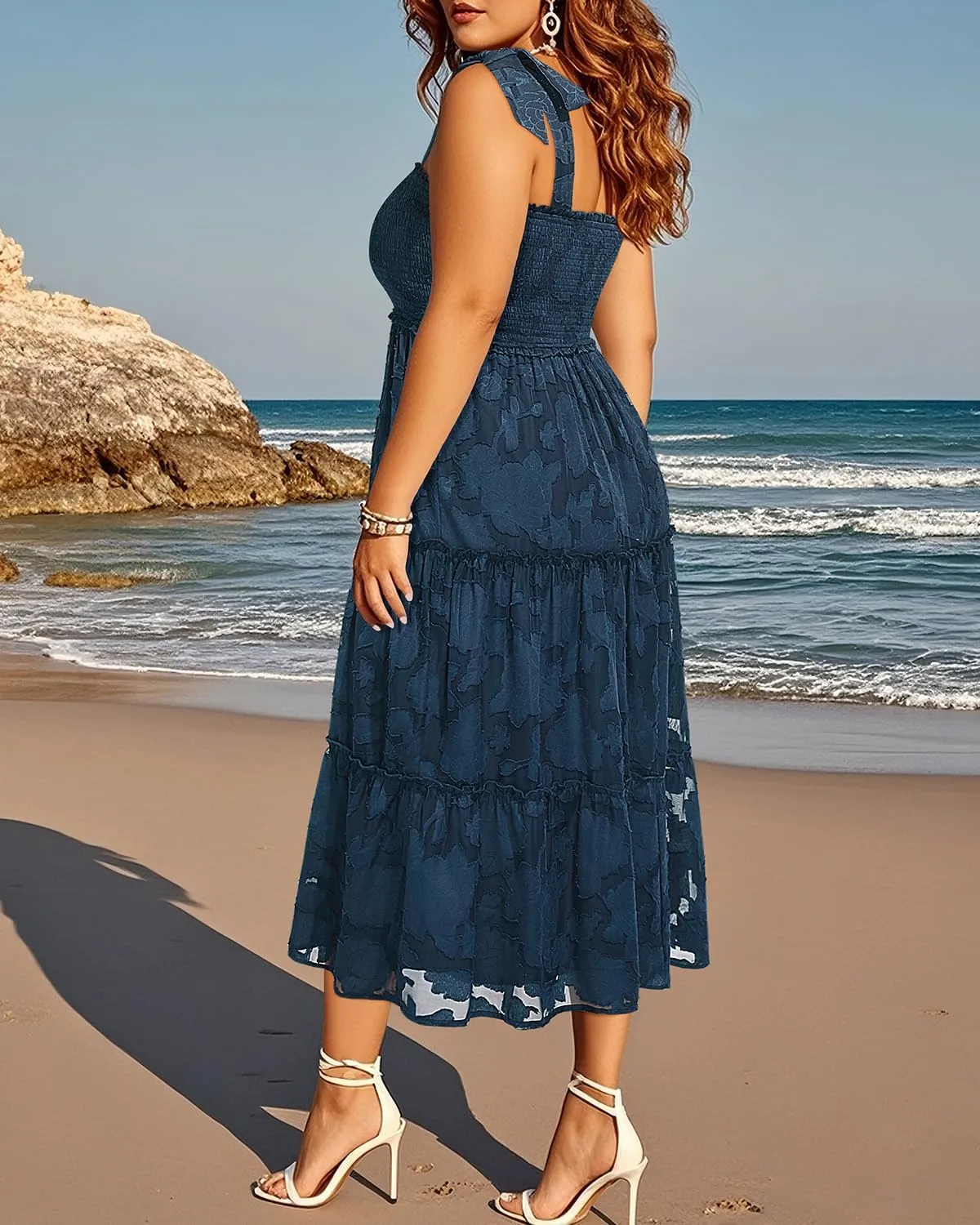 Plus Size Summer Dress 2025 - Sun Boho Spaghetti Strap Lace Floral Casual Beach Smocked Maxi Dress