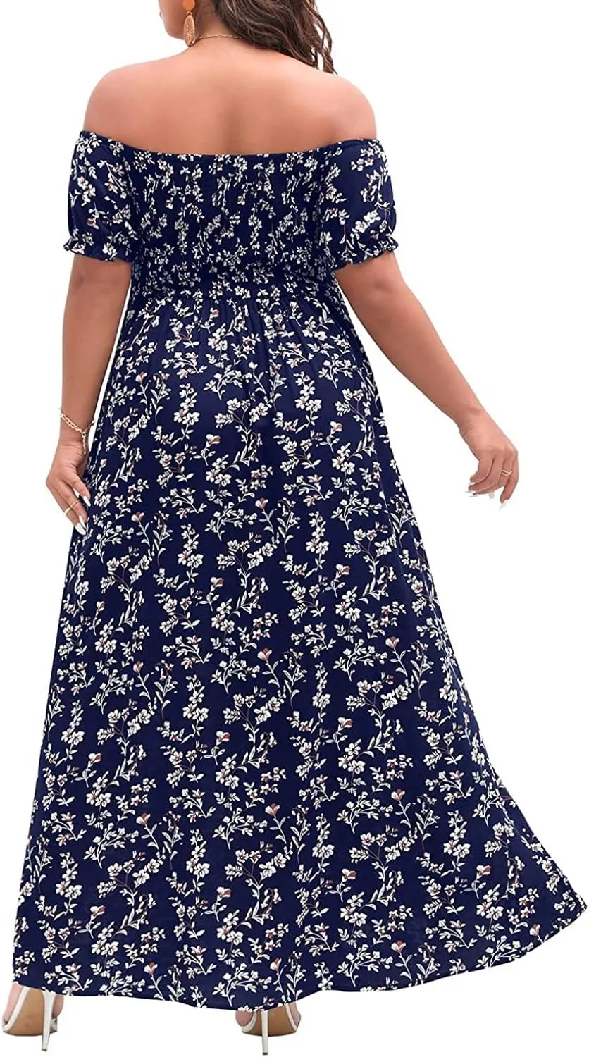 Plus Size Summer Dresses - Boho Casual Off Shoulder Floral Long Maxi Dress with Pockets
