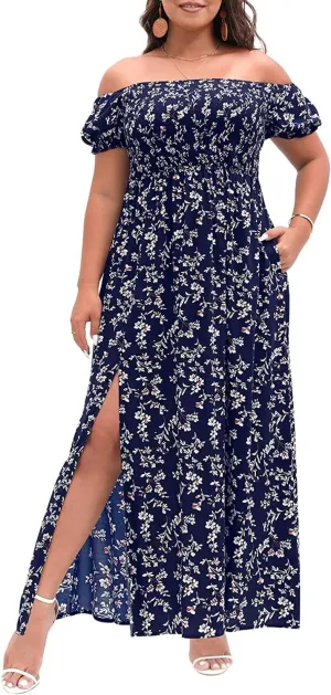 Plus Size Summer Dresses - Boho Casual Off Shoulder Floral Long Maxi Dress with Pockets
