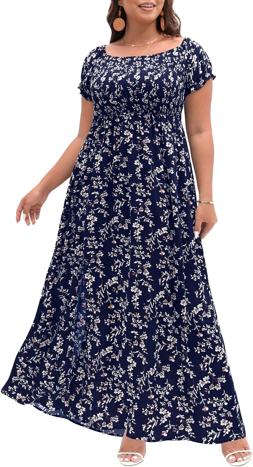 Plus Size Summer Dresses - Boho Casual Off Shoulder Floral Long Maxi Dress with Pockets