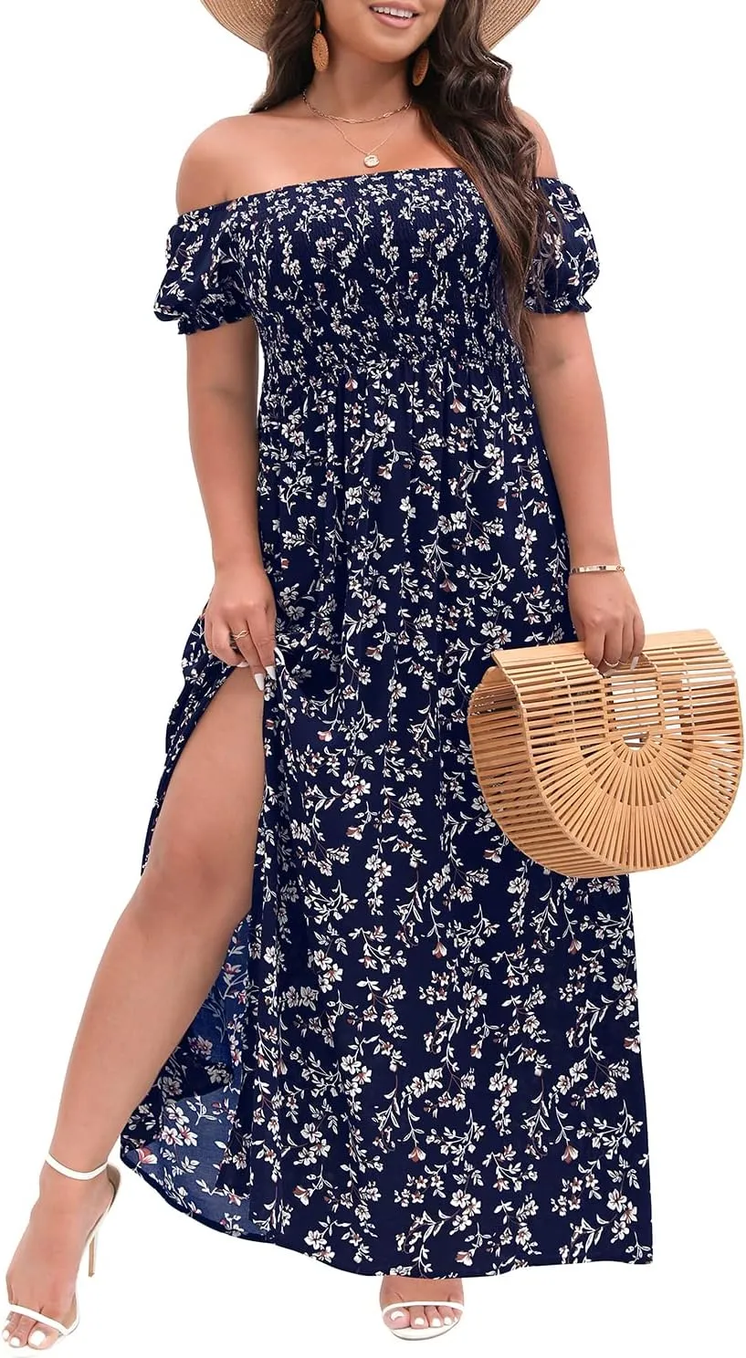 Plus Size Summer Dresses - Boho Casual Off Shoulder Floral Long Maxi Dress with Pockets