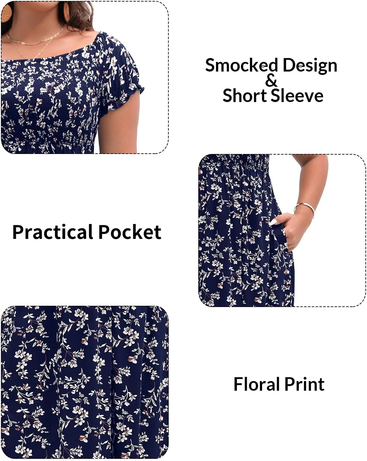 Plus Size Summer Dresses - Boho Casual Off Shoulder Floral Long Maxi Dress with Pockets