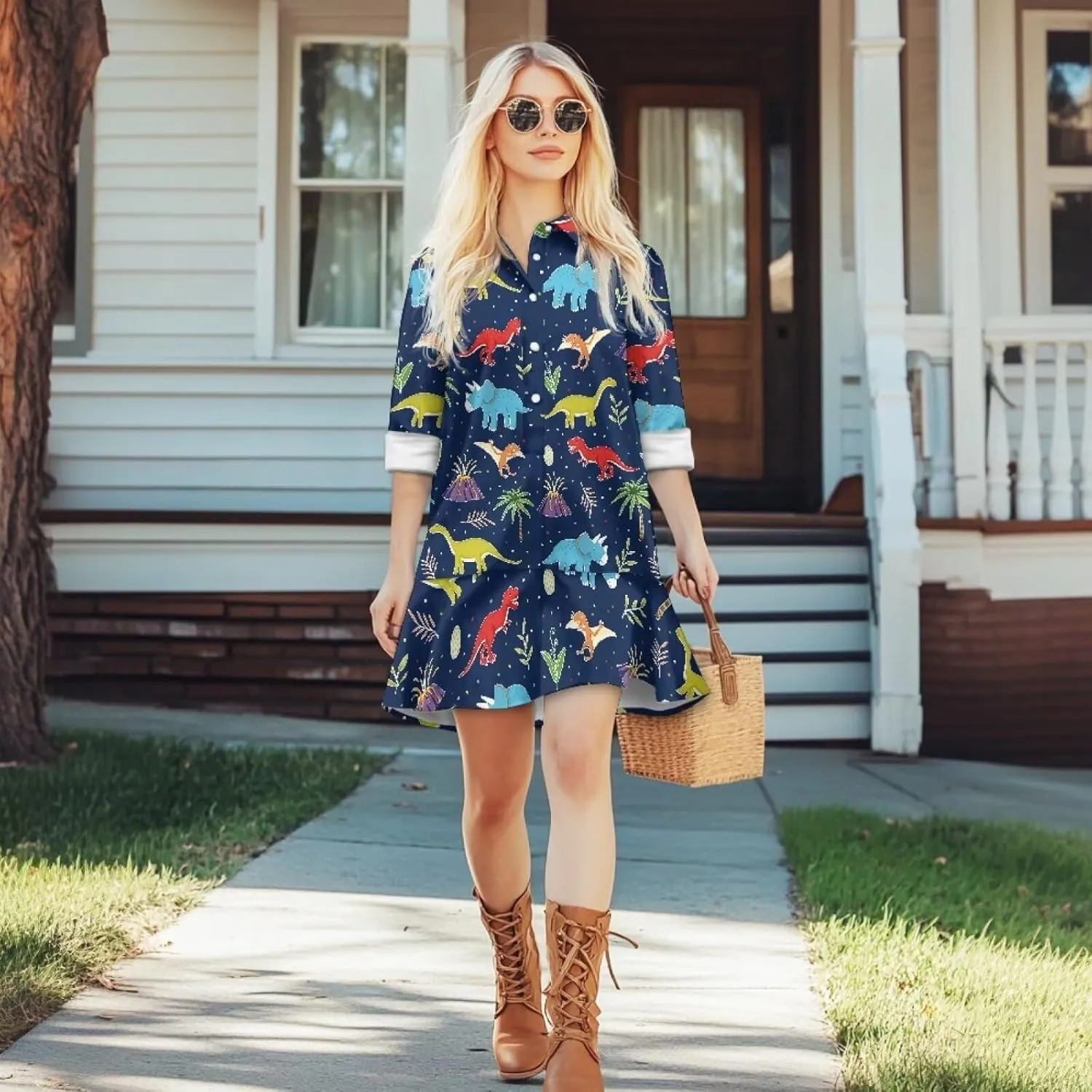 POLERO Shirt Dress for Women Long Sleeve Mini Dress Button Down Ruffle Hem Tunic Short Dresses