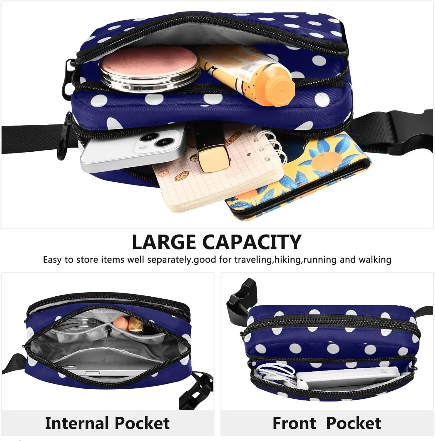 Polka Dot Blue Fanny Pack for Women Men Belt Bag Crossbody Waist Pouch Waterproof Everywhere Purse Fashion Sling Bag for Running Hiking Workout Travel