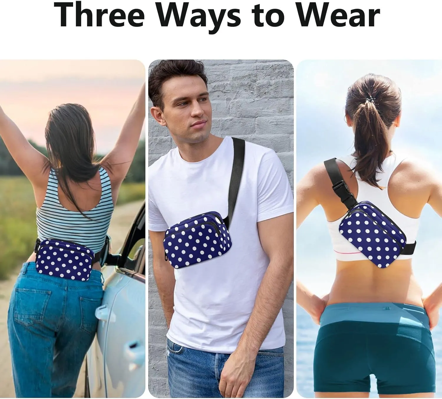 Polka Dot Blue Fanny Pack for Women Men Belt Bag Crossbody Waist Pouch Waterproof Everywhere Purse Fashion Sling Bag for Running Hiking Workout Travel