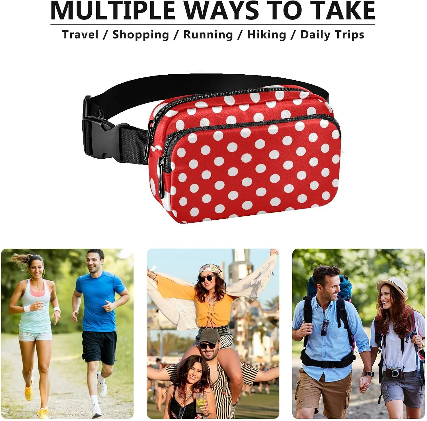 Polka Dot Red Fanny Pack for Women Men Belt Bag Crossbody Waist Pouch Waterproof Everywhere Purse Fashion Sling Bag for Running Hiking Workout Walking Travel