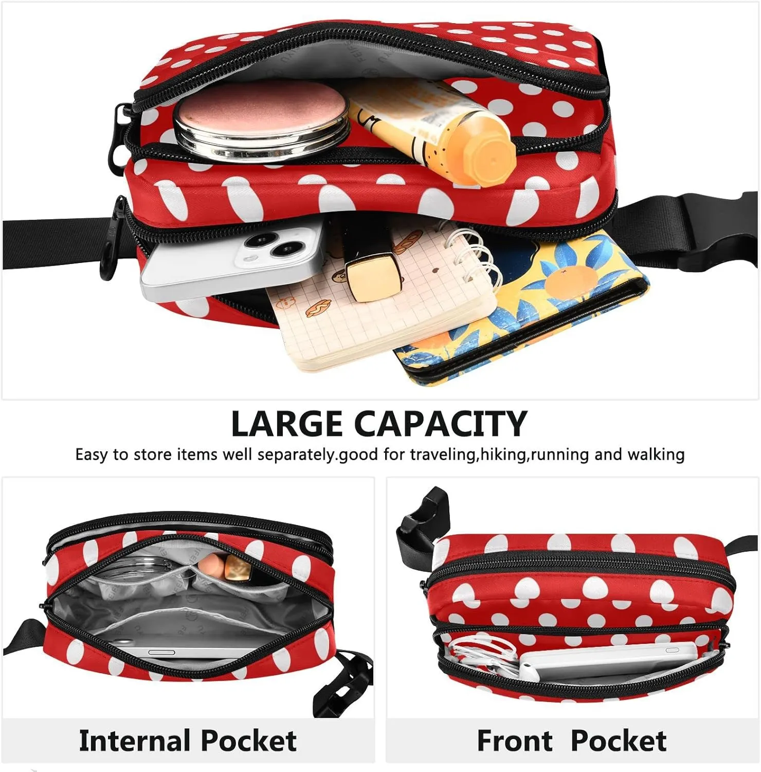 Polka Dot Red Fanny Pack for Women Men Belt Bag Crossbody Waist Pouch Waterproof Everywhere Purse Fashion Sling Bag for Running Hiking Workout Walking Travel
