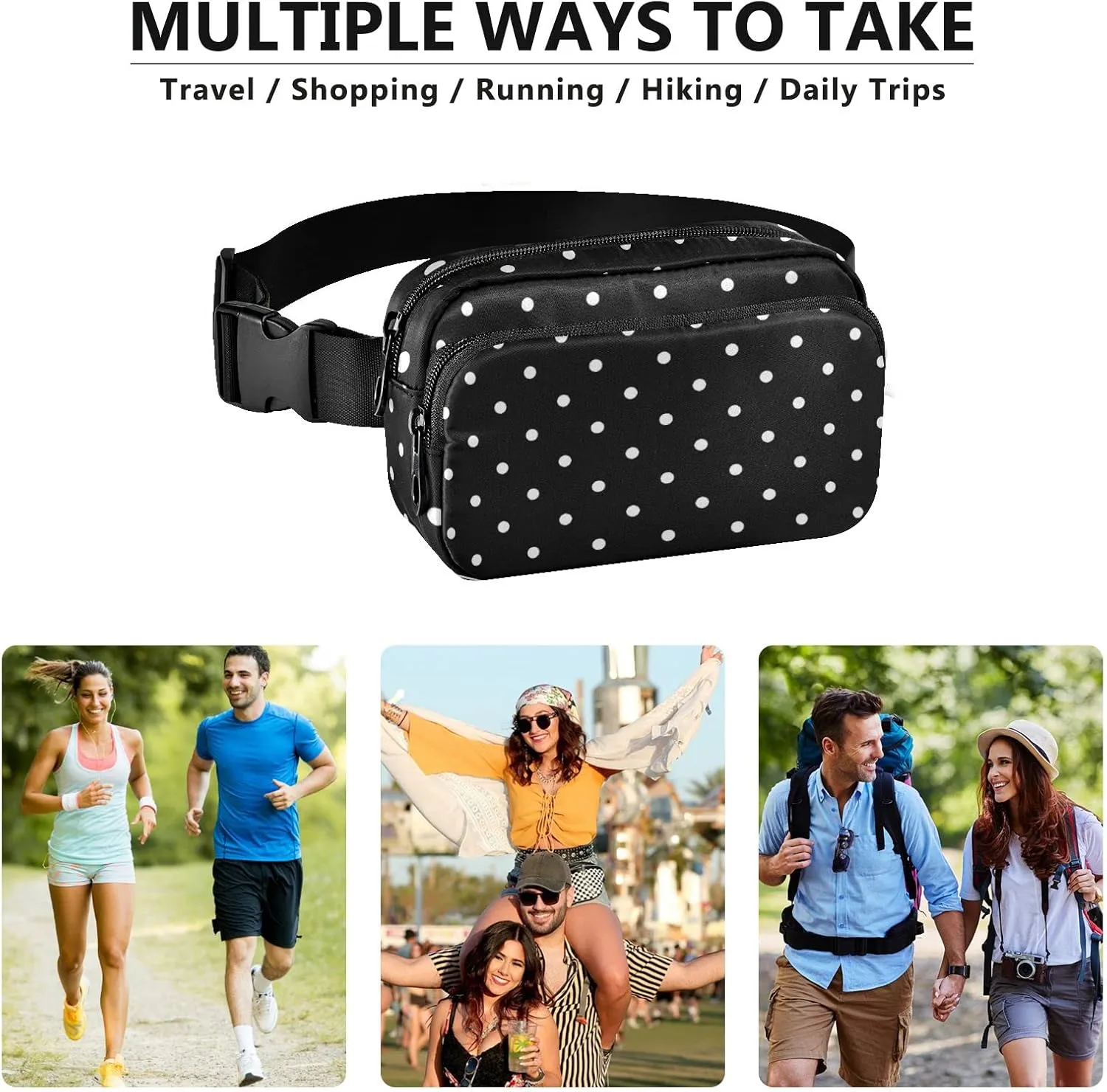 Polka Dots Wide Fanny Pack for Women Men Belt Bag Crossbody Waist Pouch Waterproof Everywhere Purse Fashion Sling Bag for Running Hiking Workout Walking Travel