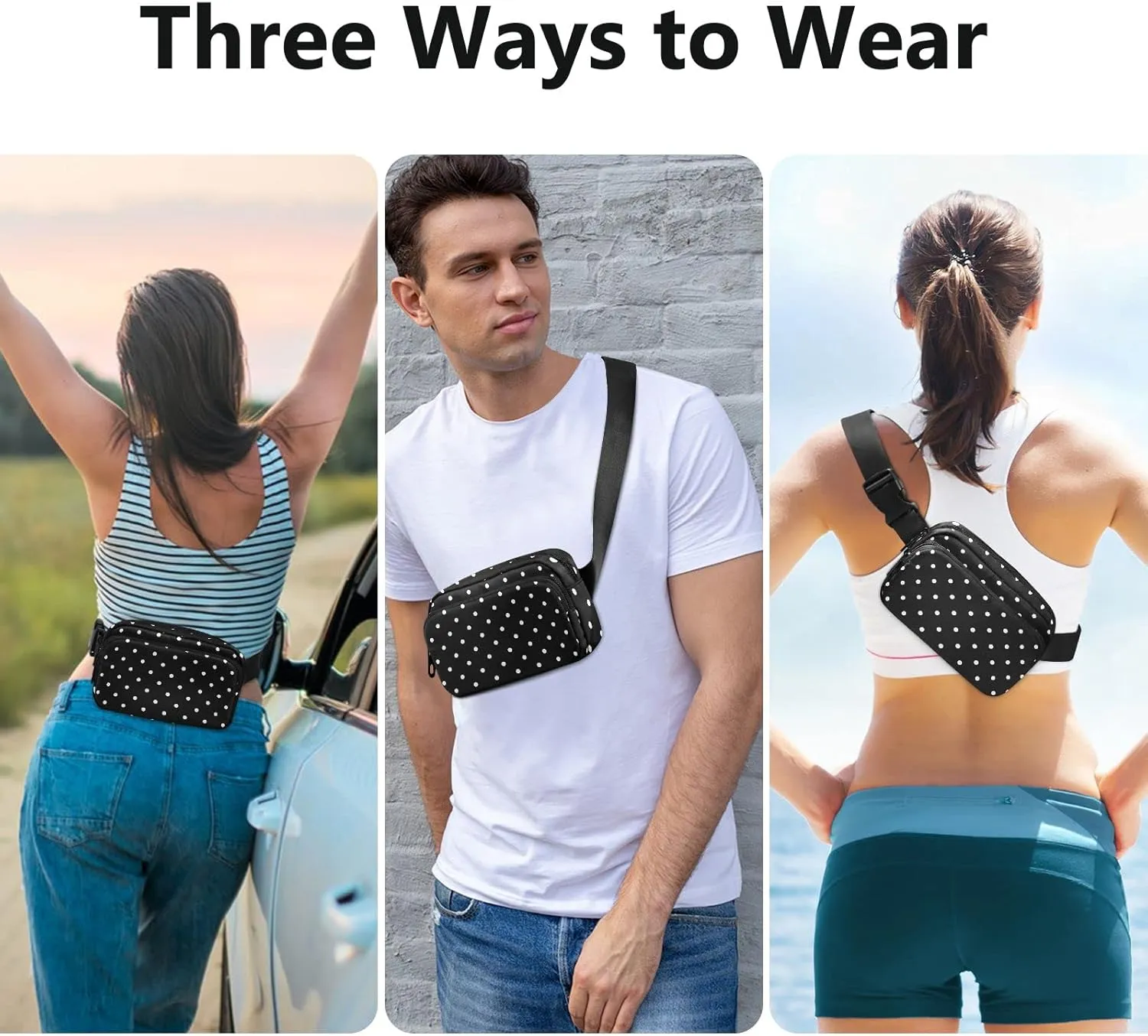 Polka Dots Wide Fanny Pack for Women Men Belt Bag Crossbody Waist Pouch Waterproof Everywhere Purse Fashion Sling Bag for Running Hiking Workout Walking Travel
