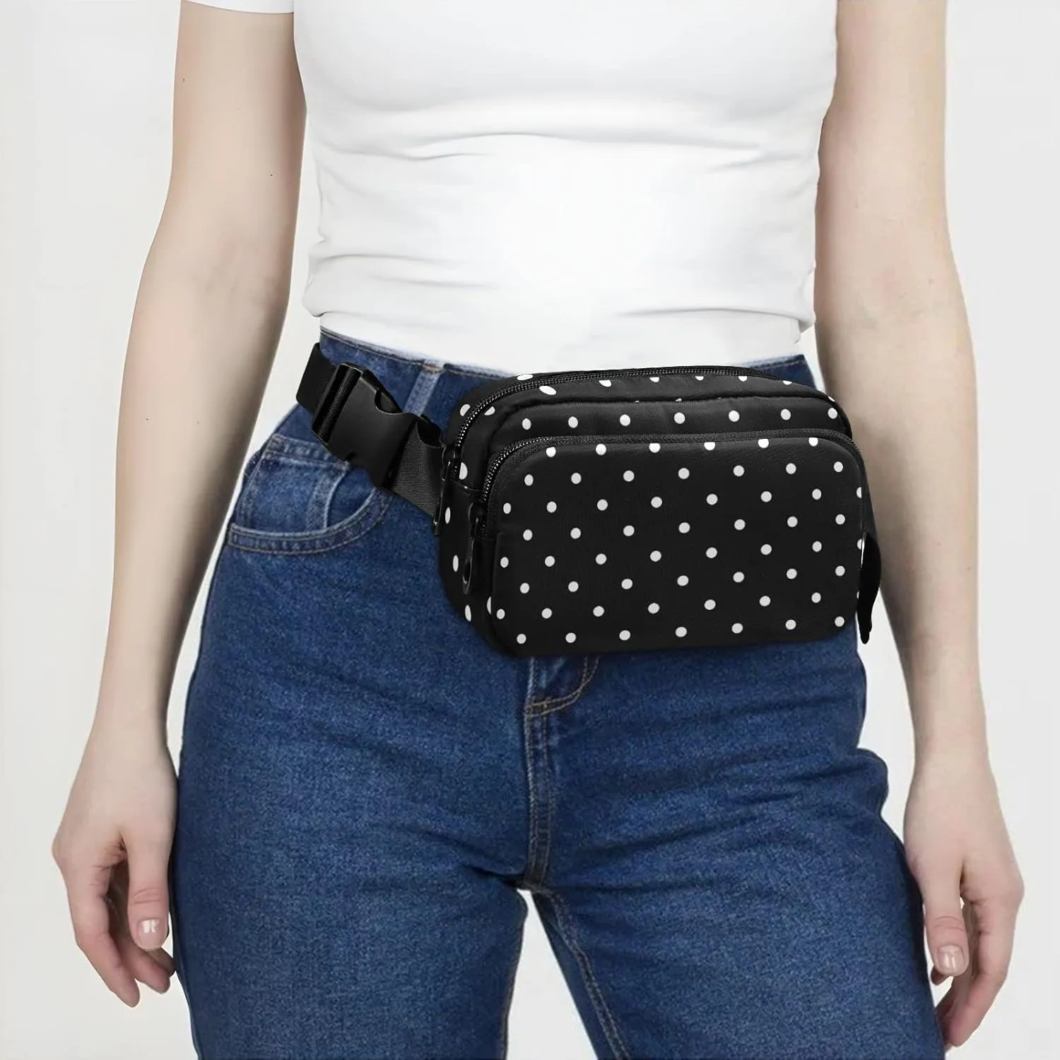 Polka Dots Wide Fanny Pack for Women Men Belt Bag Crossbody Waist Pouch Waterproof Everywhere Purse Fashion Sling Bag for Running Hiking Workout Walking Travel