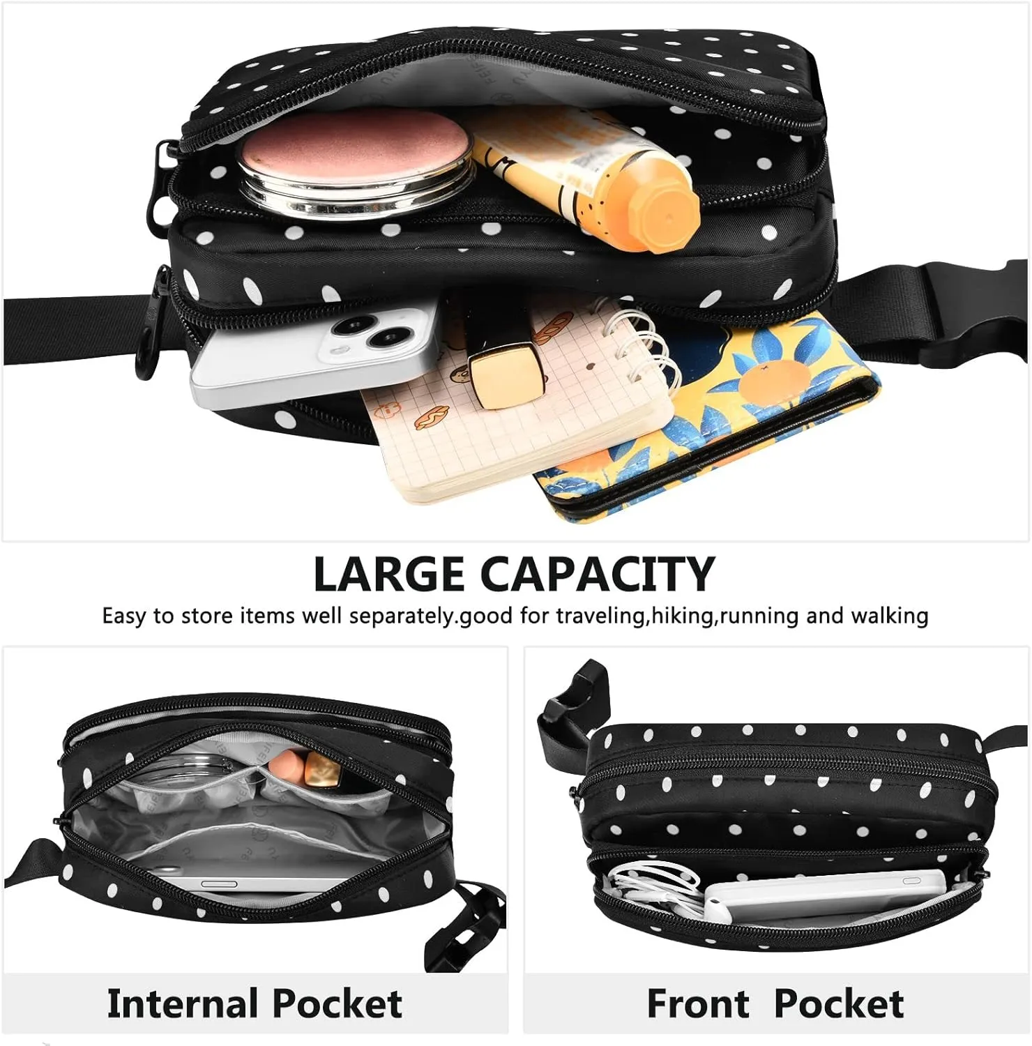 Polka Dots Wide Fanny Pack for Women Men Belt Bag Crossbody Waist Pouch Waterproof Everywhere Purse Fashion Sling Bag for Running Hiking Workout Walking Travel