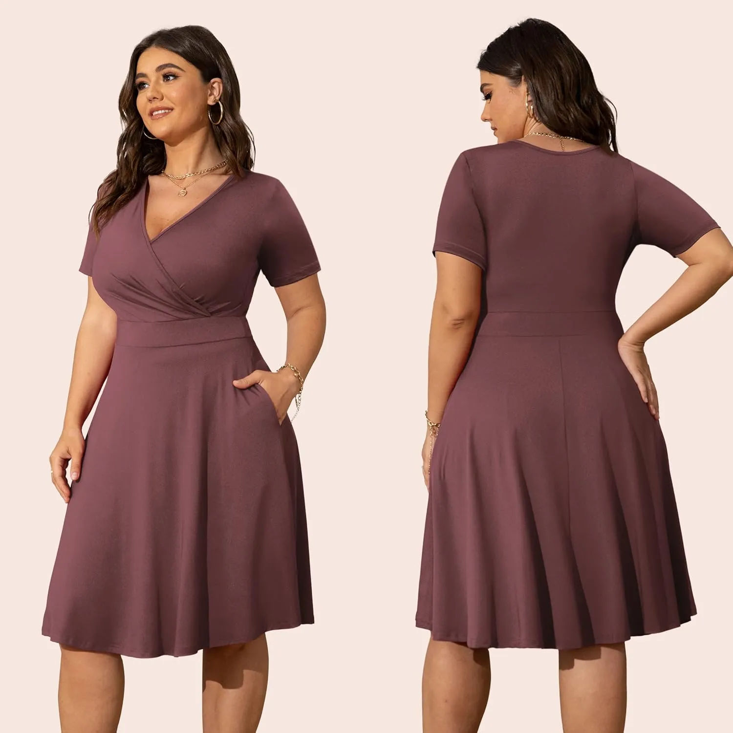 POSESHE Womens Plus Size Dresses Summer Short Sleeve Wrap V-Neck Sundress Casual Wedding Guest Cocktail Dress with Pockets