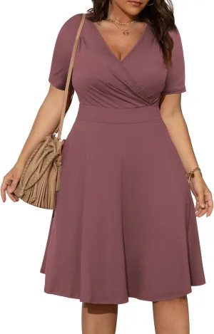 POSESHE Womens Plus Size Dresses Summer Short Sleeve Wrap V-Neck Sundress Casual Wedding Guest Cocktail Dress with Pockets