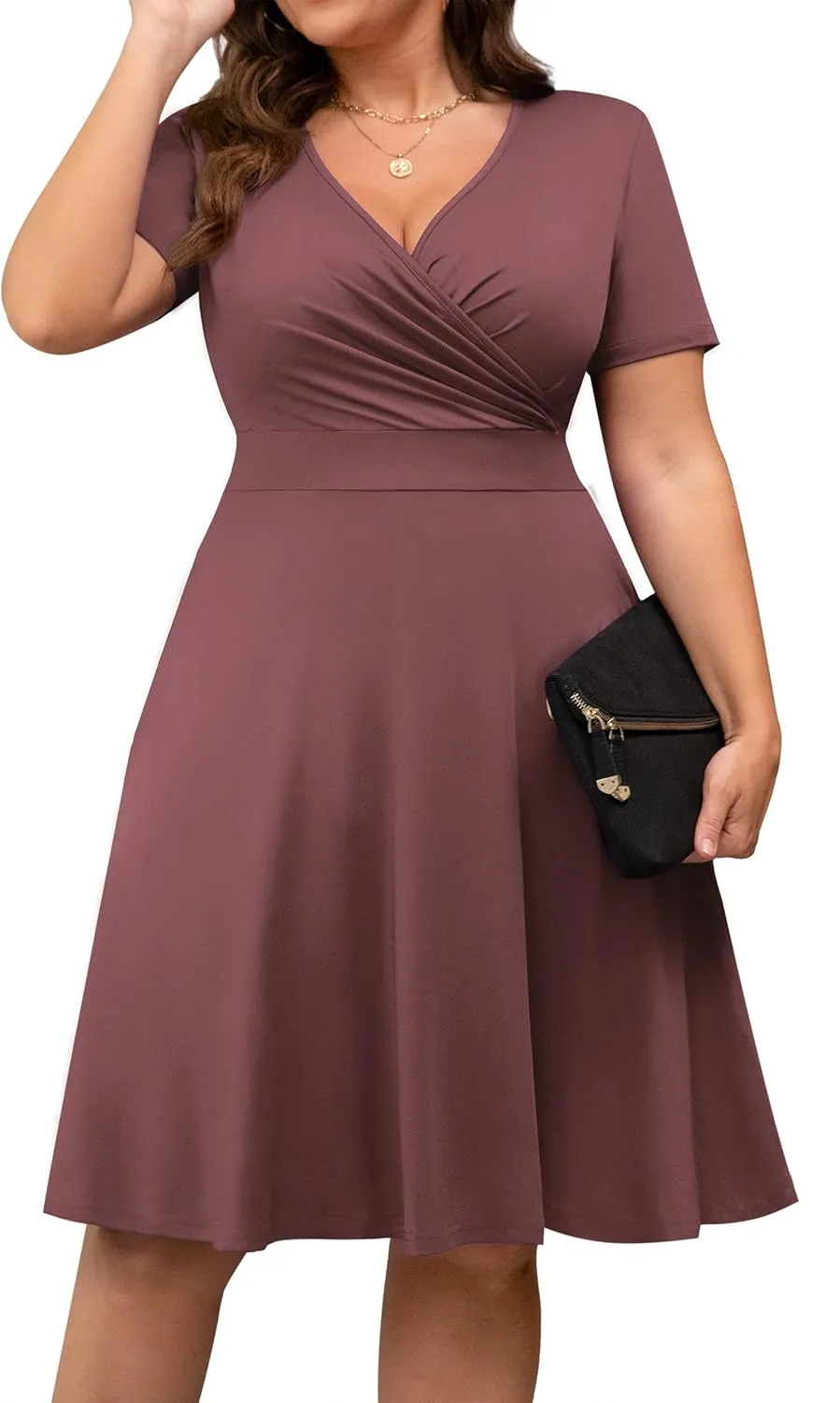 POSESHE Womens Plus Size Dresses Summer Short Sleeve Wrap V-Neck Sundress Casual Wedding Guest Cocktail Dress with Pockets