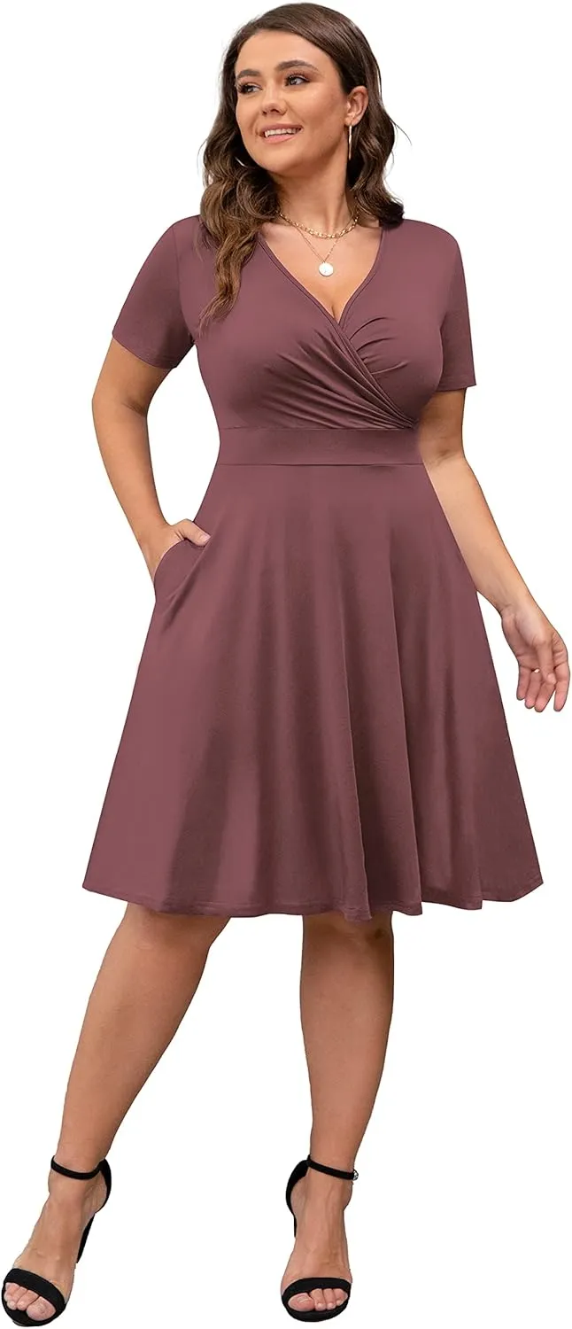 POSESHE Womens Plus Size Dresses Summer Short Sleeve Wrap V-Neck Sundress Casual Wedding Guest Cocktail Dress with Pockets