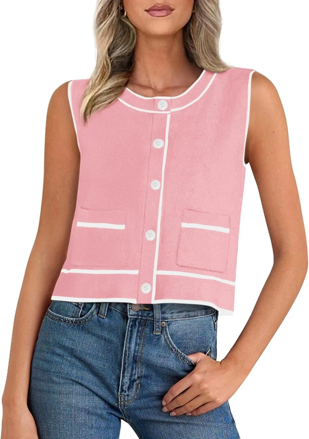 PRETTYGARDEN Vest For Women 2025 Summer Casual Button Down Color Block Sweater Vest Ribbed Knit Tank Tops With Pockets