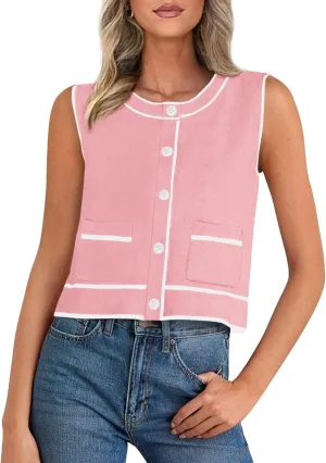 PRETTYGARDEN Vest For Women 2025 Summer Casual Button Down Color Block Sweater Vest Ribbed Knit Tank Tops With Pockets