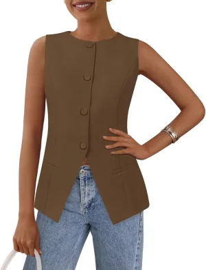 PRETTYGARDEN Women's Suit Vest Tops 2025 Summer Dressy Casual Business Button Sleeveless Trendy Fashion Blazer Waistcoat
