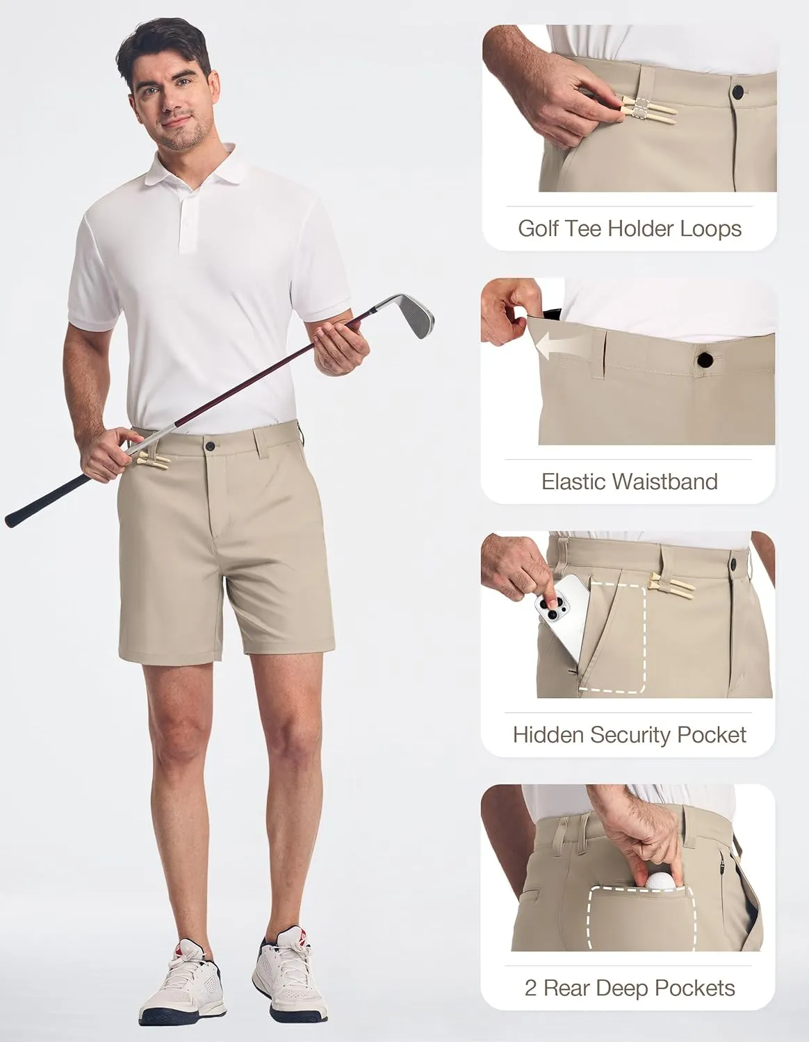 PULI Men's 7 Inch Golf Dress Shorts Lightweight Flat Front with Golf Tee Holder Belt Loops for Casual Hiking Business Travel