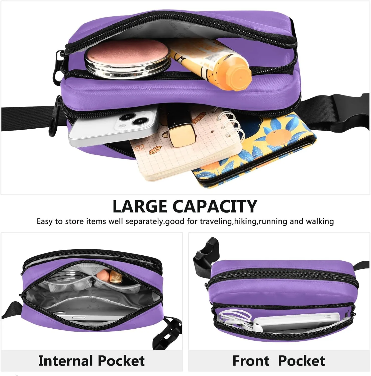 Purple Fanny Pack for Women Men Belt Bag Crossbody Waist Pouch Waterproof Everywhere Purse Fashion Sling Bag for Running Hiking Walking Travel