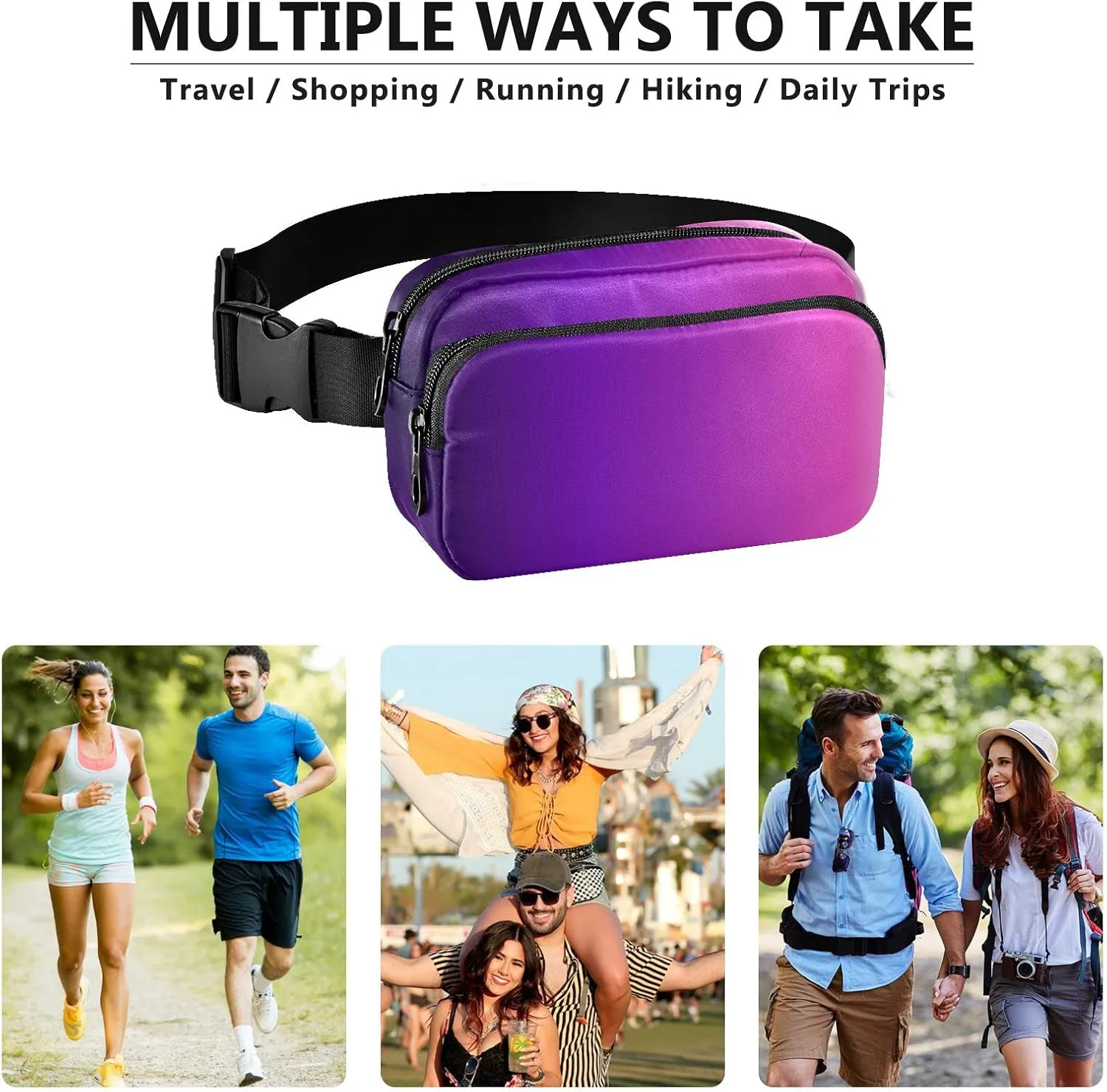 Purple Gradient Fanny Pack for Women Men Belt Bag Crossbody Waist Pouch Waterproof Everywhere Purse Fashion Sling Bag for Running Hiking Walking Travel