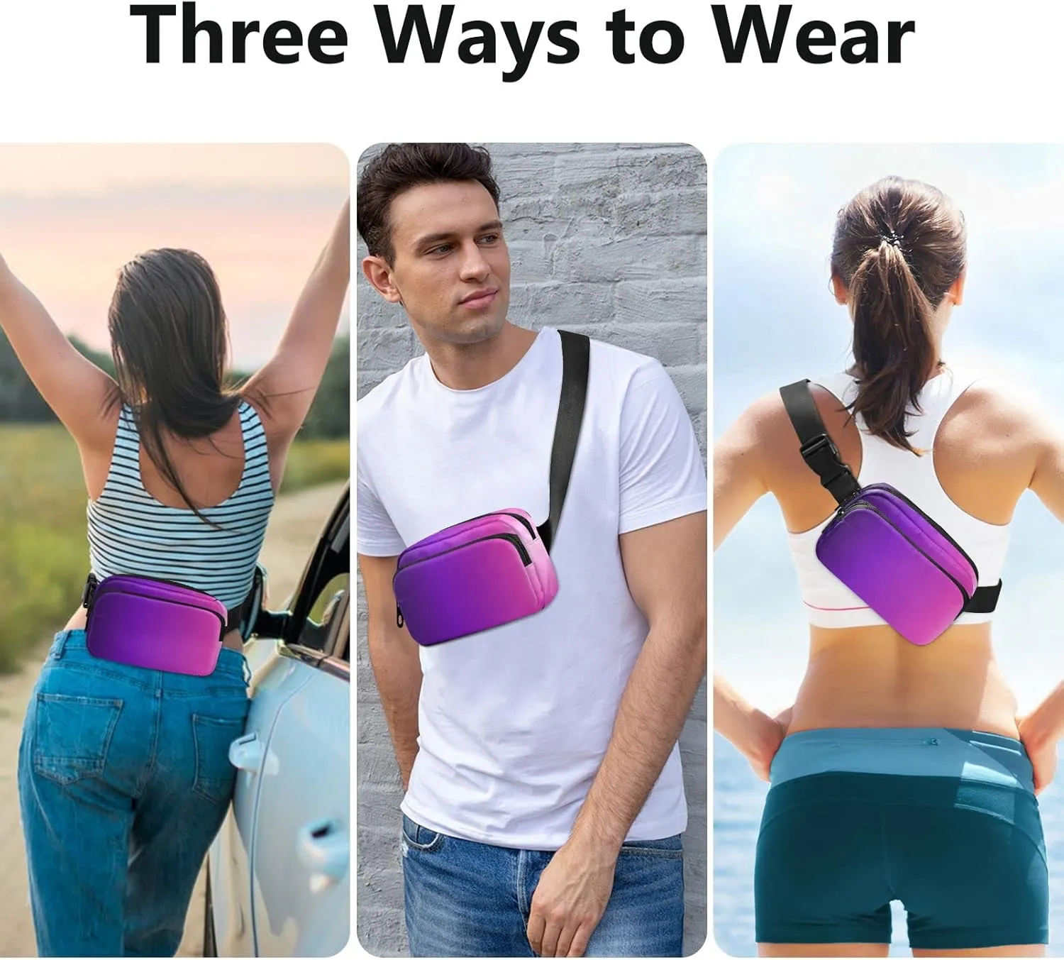Purple Gradient Fanny Pack for Women Men Belt Bag Crossbody Waist Pouch Waterproof Everywhere Purse Fashion Sling Bag for Running Hiking Walking Travel