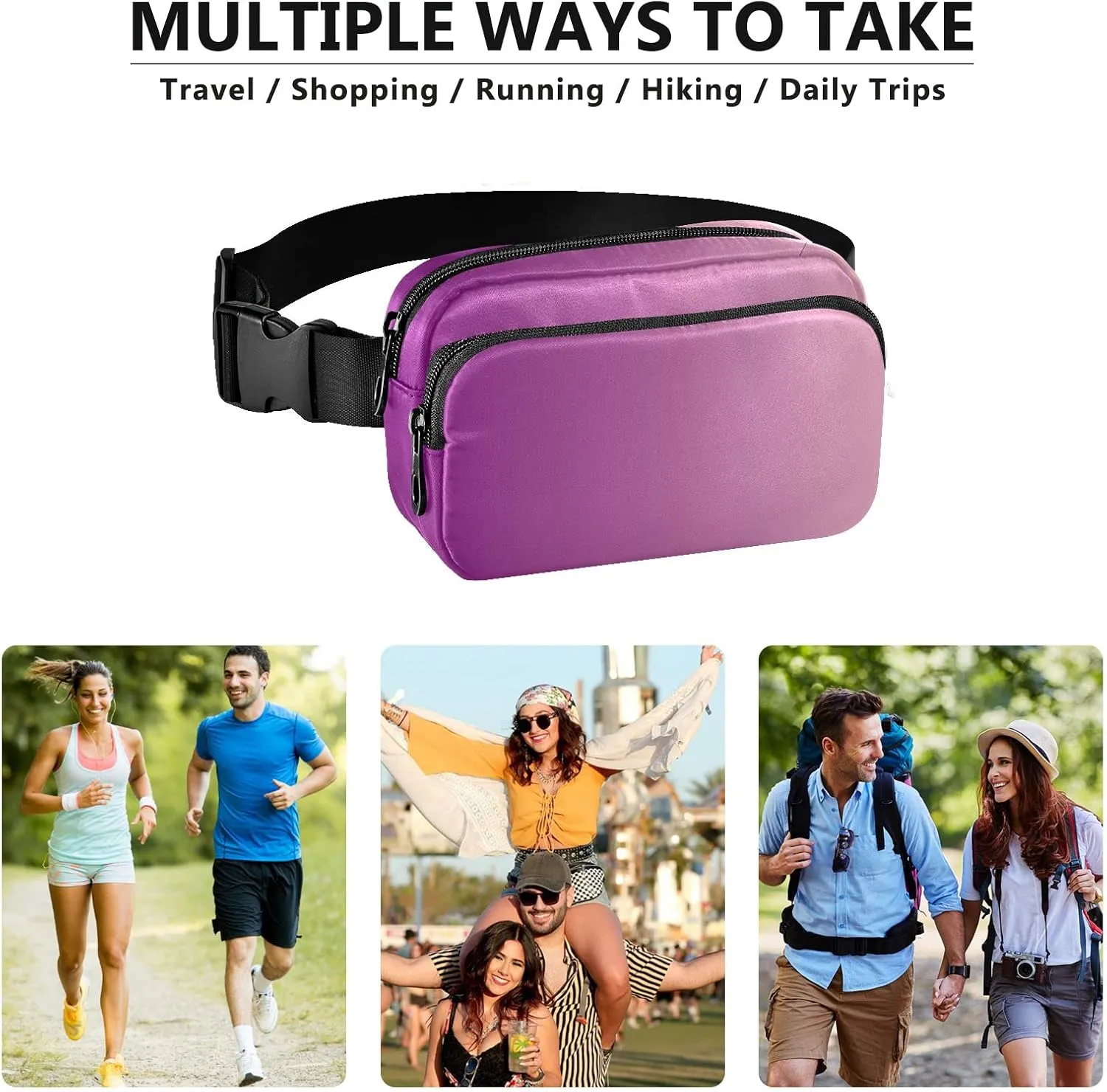 Purple Gradient Fanny Pack for Women Men Belt Bag Crossbody Waist Pouch Waterproof Everywhere Purse Fashion Sling Bag for Running Hiking Walking Travel