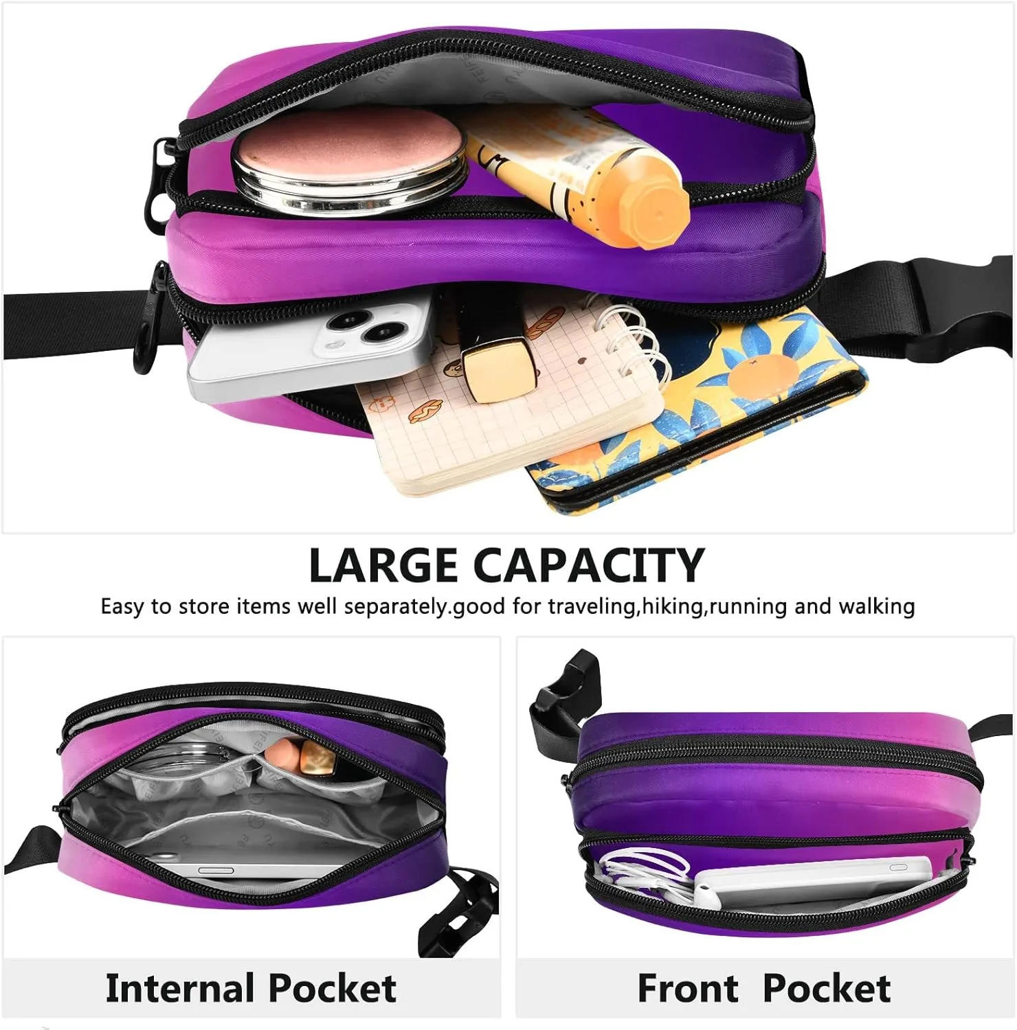 Purple Gradient Fanny Pack for Women Men Belt Bag Crossbody Waist Pouch Waterproof Everywhere Purse Fashion Sling Bag for Running Hiking Walking Travel