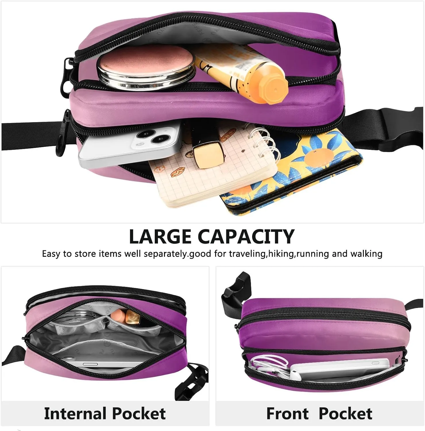 Purple Gradient Fanny Pack for Women Men Belt Bag Crossbody Waist Pouch Waterproof Everywhere Purse Fashion Sling Bag for Running Hiking Walking Travel