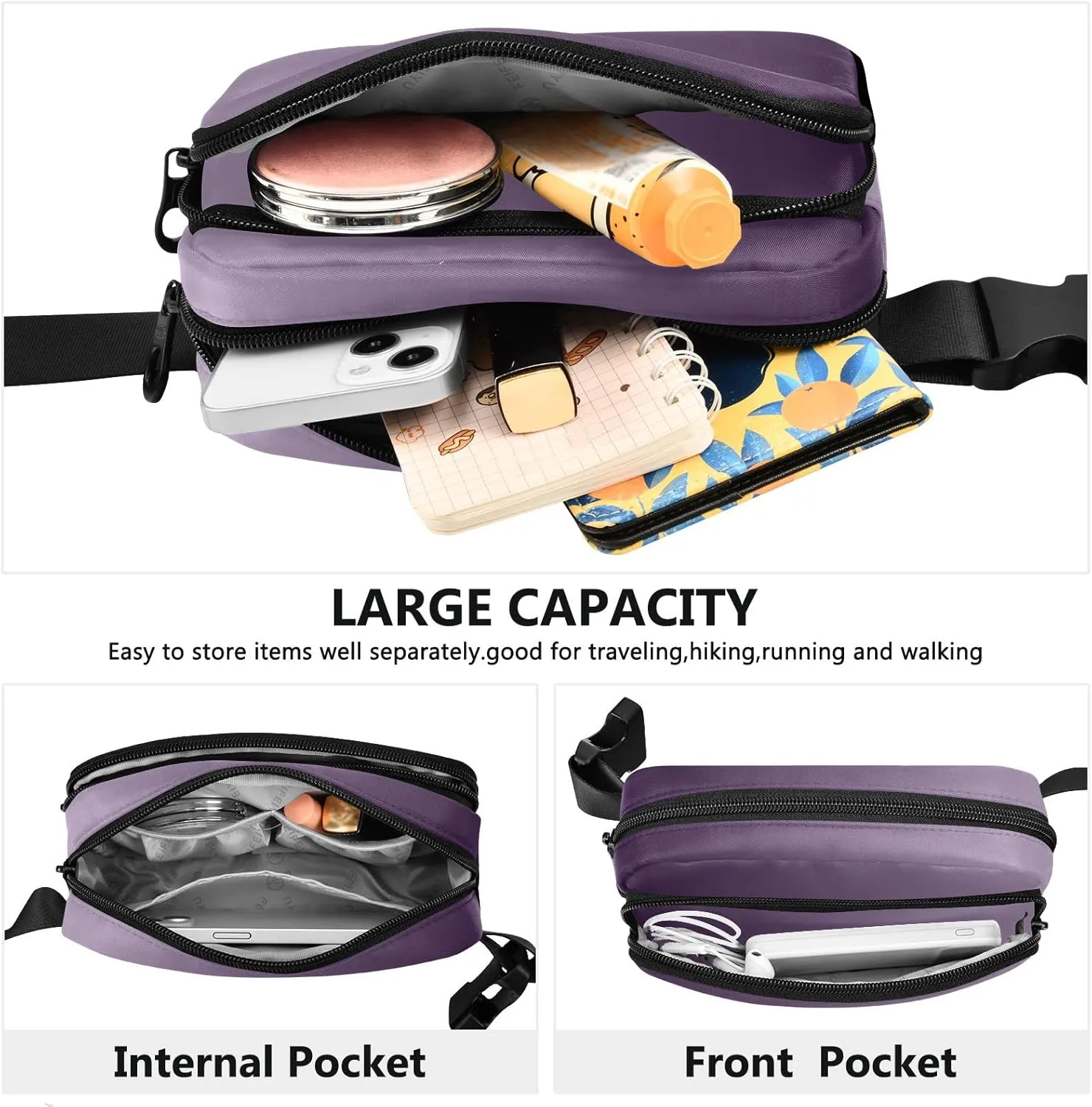Purple Gradient Fanny Pack for Women Men Belt Bag Crossbody Waist Pouch Waterproof Everywhere Purse Fashion Sling Bag for Running Hiking Workout Walking