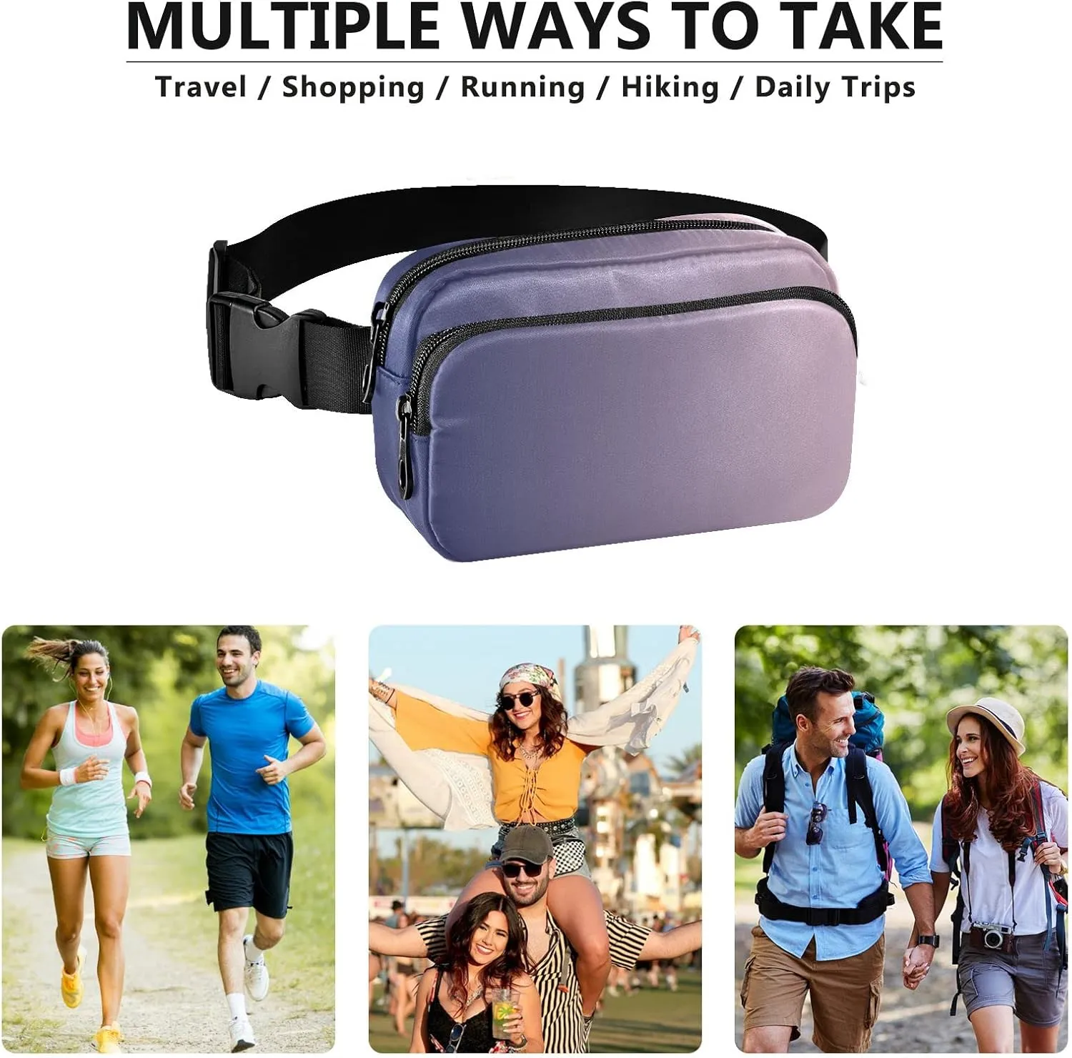 Purple Pink Gradient Fanny Pack for Women Men Belt Bag Crossbody Waist Pouch Waterproof Everywhere Purse Fashion Sling Bag for Running Hiking Workout Walking