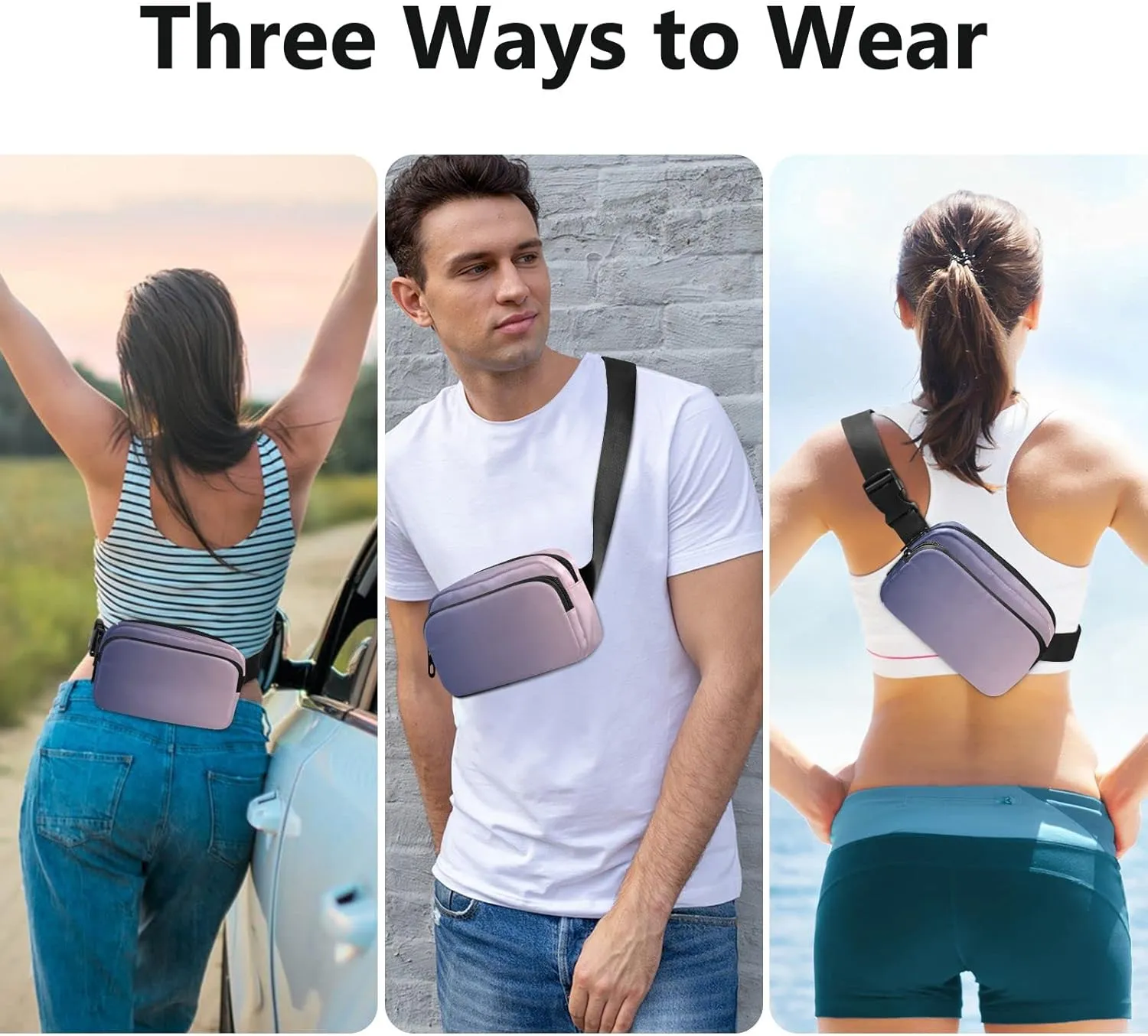 Purple Pink Gradient Fanny Pack for Women Men Belt Bag Crossbody Waist Pouch Waterproof Everywhere Purse Fashion Sling Bag for Running Hiking Workout Walking