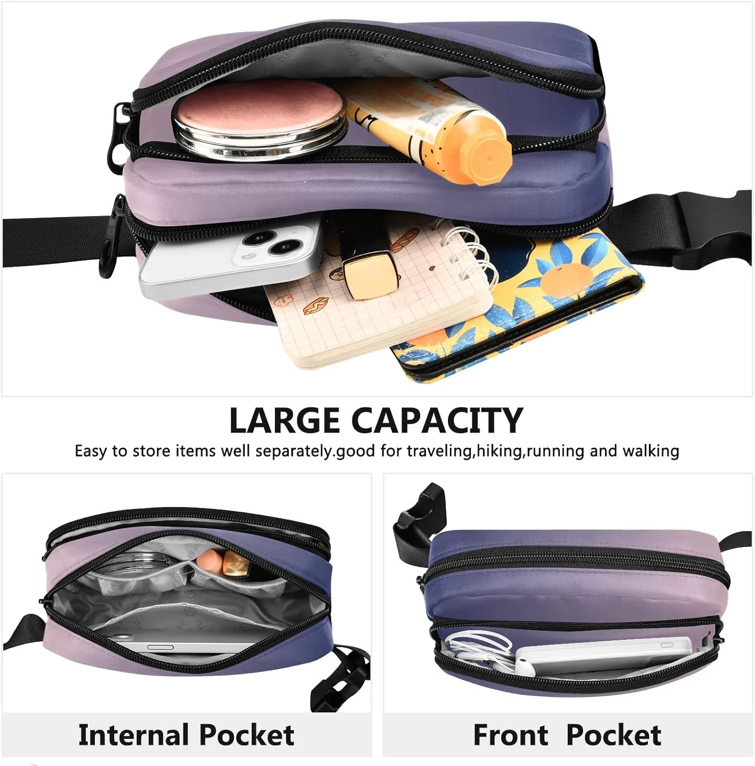 Purple Pink Gradient Fanny Pack for Women Men Belt Bag Crossbody Waist Pouch Waterproof Everywhere Purse Fashion Sling Bag for Running Hiking Workout Walking