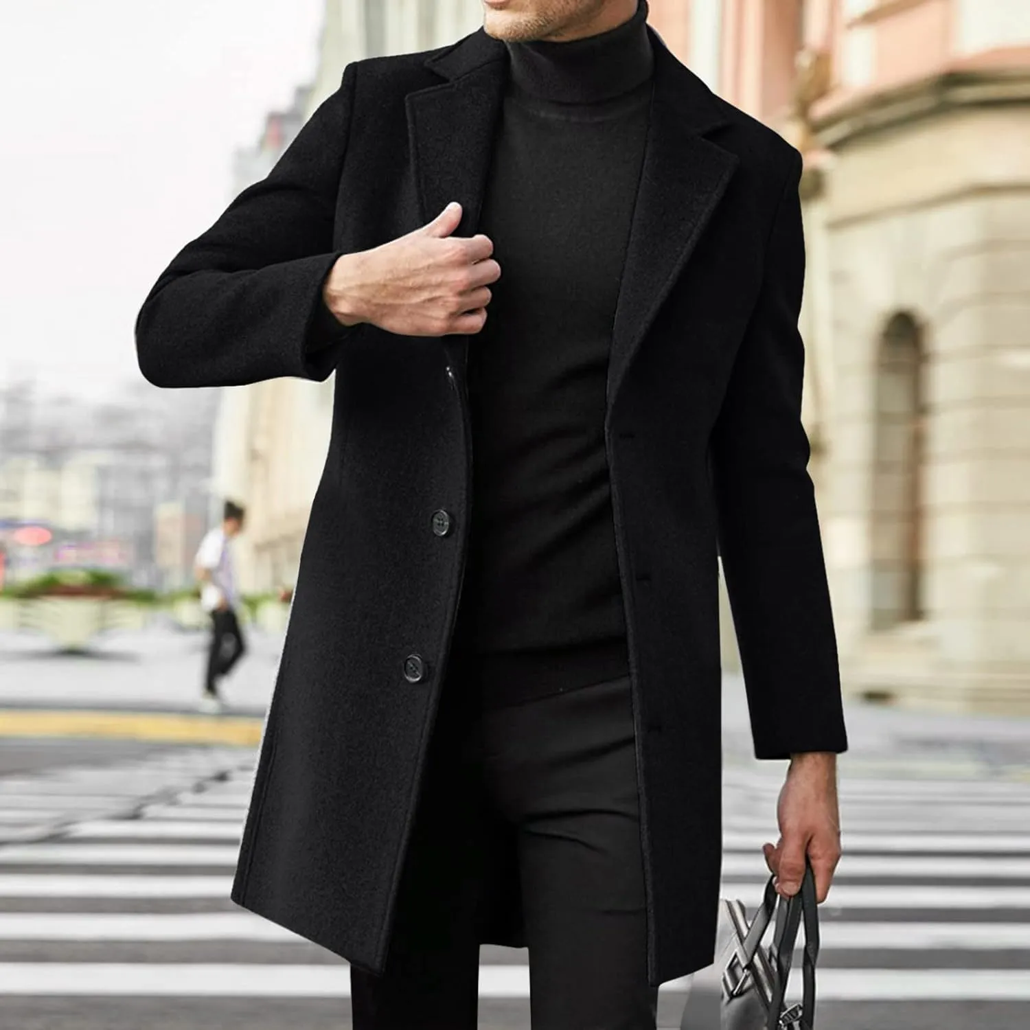 QWENTMTNTY Wool Pea Coats for Men Winter Slim Fit Casual Single Breasted Trench Coat Mid-Length Thermal Business Peacoat