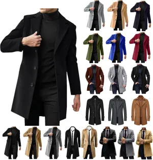 QWENTMTNTY Wool Pea Coats for Men Winter Slim Fit Casual Single Breasted Trench Coat Mid-Length Thermal Business Peacoat