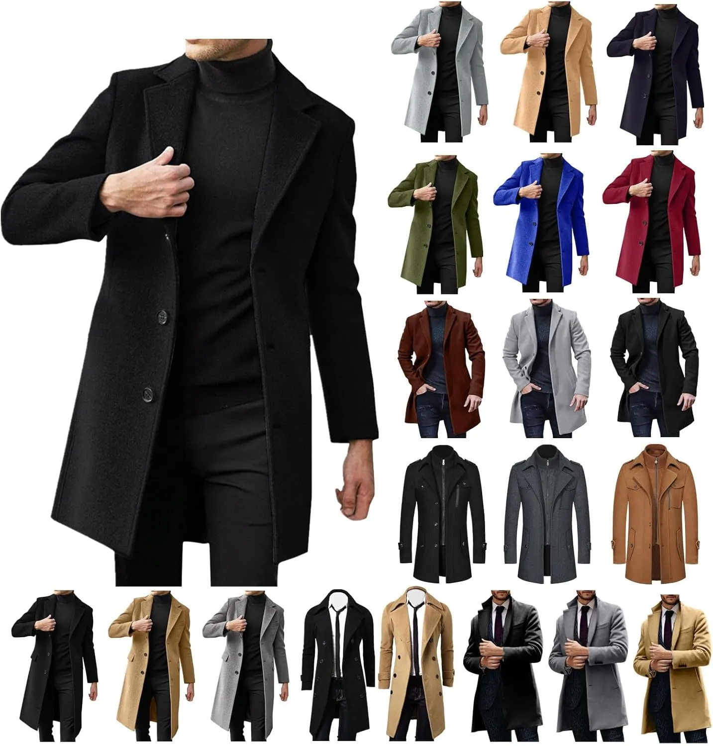 QWENTMTNTY Wool Pea Coats for Men Winter Slim Fit Casual Single Breasted Trench Coat Mid-Length Thermal Business Peacoat