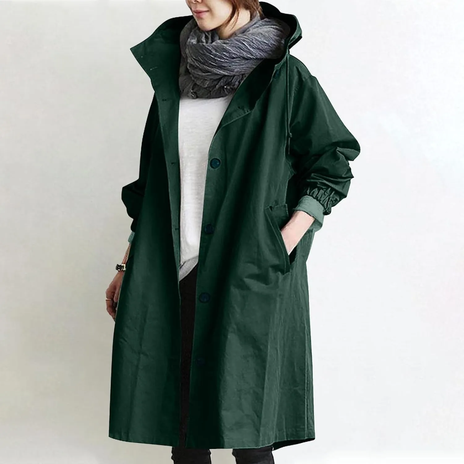 Raincoat Women Waterproof Hooded Trench Coat Button Down Long Rain Jackets Lightweight Outdoor Rain Coats Windbreaker