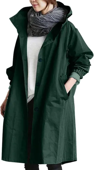 Raincoat Women Waterproof Hooded Trench Coat Button Down Long Rain Jackets Lightweight Outdoor Rain Coats Windbreaker