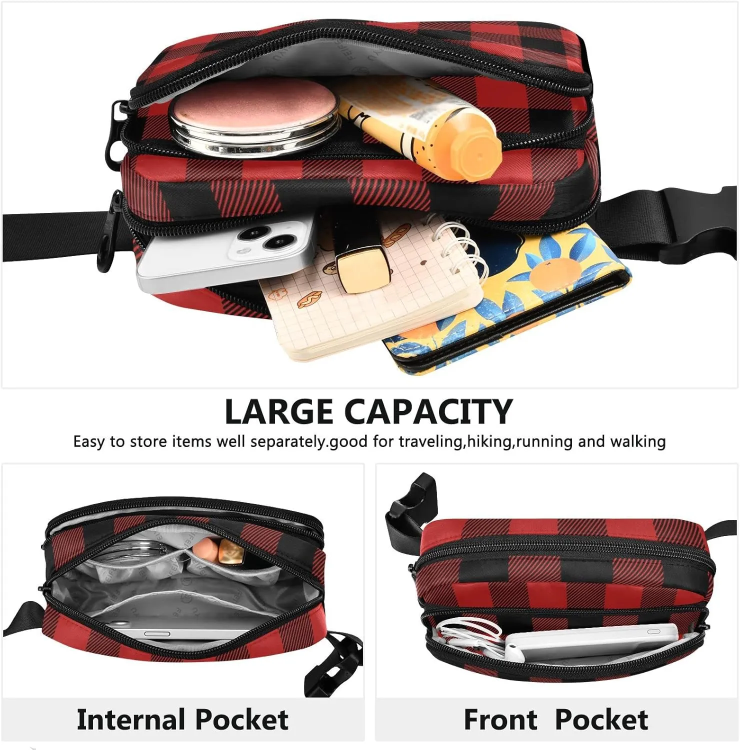 Red Buffalo Plaid Fanny Pack for Women Men Belt Bag Crossbody Waist Pouch Waterproof Everywhere Purse Fashion Sling Bag for Running Hiking Workout Walking Travel