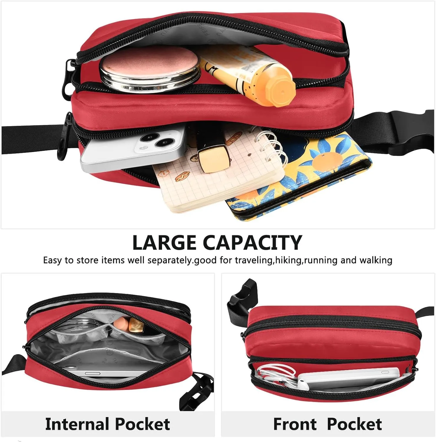Red Fanny Pack for Women Men Belt Bag Crossbody Waist Pouch Waterproof Everywhere Purse Fashion Sling Bag for Running Hiking Workout Walking Travel