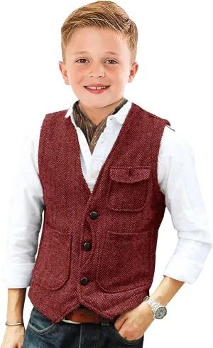 Retro Boys Tweed Vest for Kids Formal Dress Herringbone Suit Vest for Toddler Boy Wedding Waistcoat