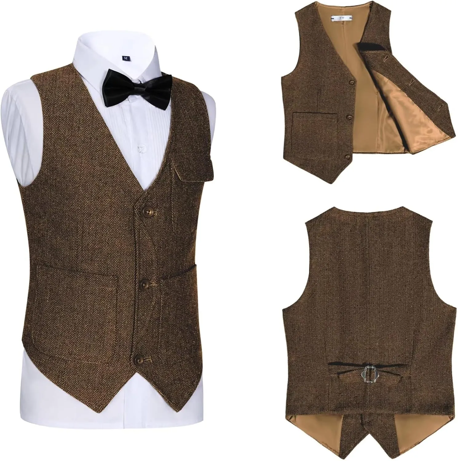 Retro Boys Tweed Vest for Kids Formal Dress Herringbone Suit Vest for Toddler Boy Wedding Waistcoat