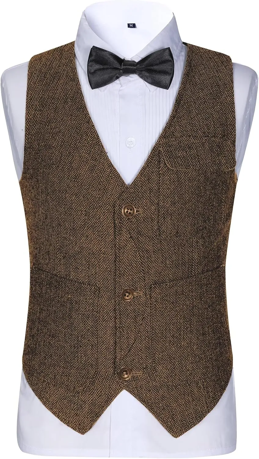 Retro Boys Tweed Vest for Kids Formal Dress Herringbone Suit Vest for Toddler Boy Wedding Waistcoat