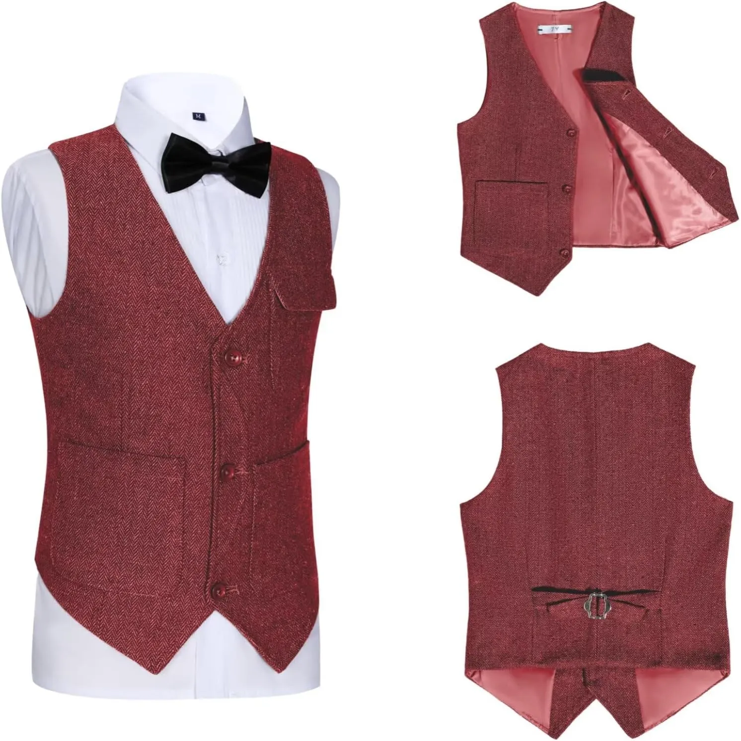 Retro Boys Tweed Vest for Kids Formal Dress Herringbone Suit Vest for Toddler Boy Wedding Waistcoat