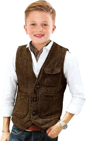 Retro Boys Tweed Vest for Kids Formal Dress Herringbone Suit Vest for Toddler Boy Wedding Waistcoat